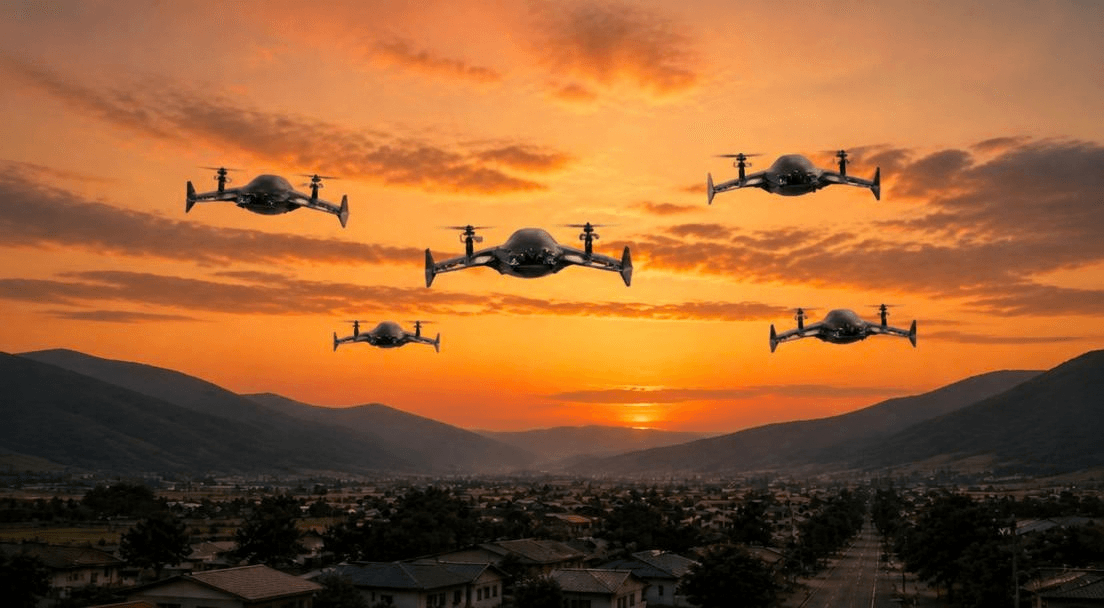 Concept render of AirMe hybrid drones flying over a town at sunset